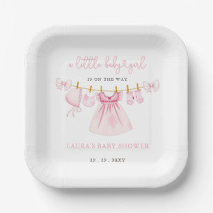 Pink Clothesline Coquette Bow Girl Baby Shower Paper Plate