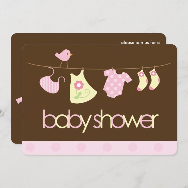 Pink Clothesline Girl Baby Shower Invitation (Front/Back)