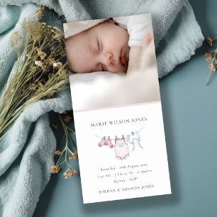 Pink Clothesline Photo Baby Birth Announcement 