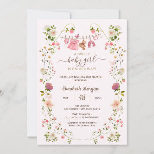 Pink Clothesline Wildflowers Baby Shower Invitation