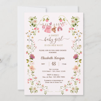 Pink Clothesline Wildflowers Baby Shower Invitation