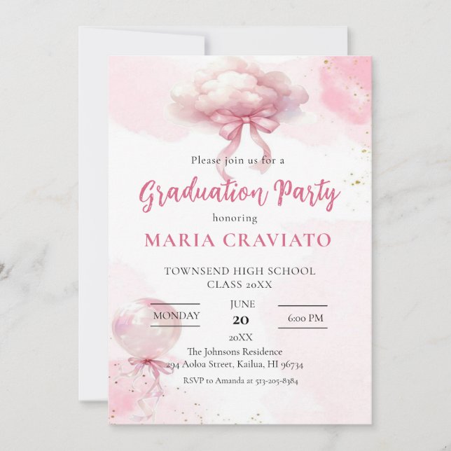 Pink Cloud & Balloon Graduation Party Invitation (Front)
