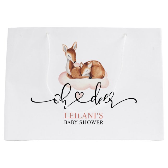 Pink Cloud Oh Deer Watercolor Baby Shower Large Gift Bag (Front)
