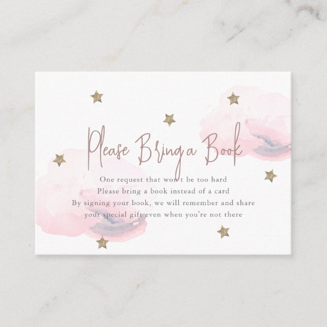 Pink Cloud & Star Baby Shower Please Bring a Book Enclosure Card (Front)