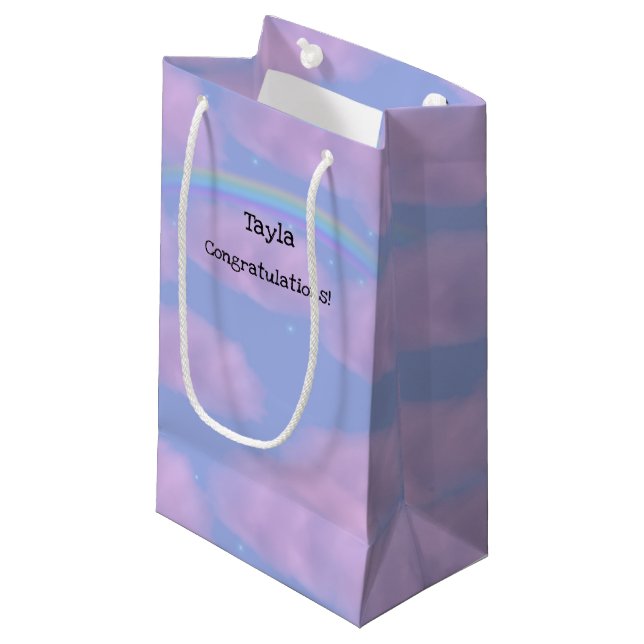 Pink Clouds and Rainbow Personalised Gift Bag (Front Angled)