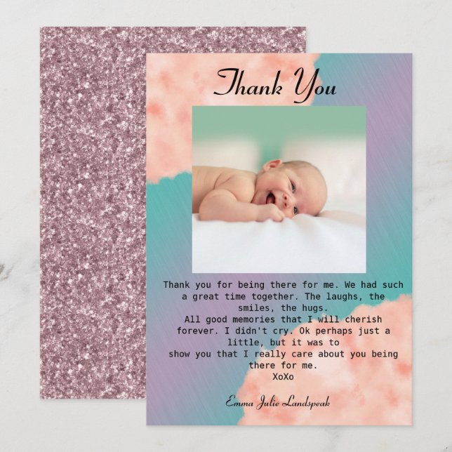 Pink Clouds & Rainbow Colours Baby Thank You Invitation (Front/Back)