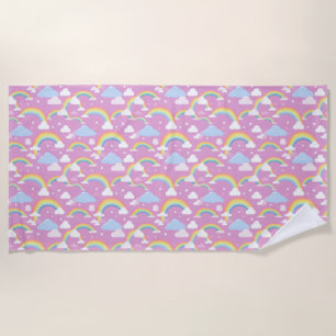 Pink Clouds, Rainbows, and Stars Background Beach Towel
