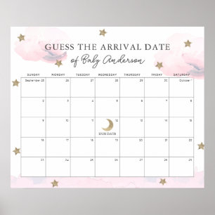 Pink Clouds & Stars Guess The Due Date Calendar Poster