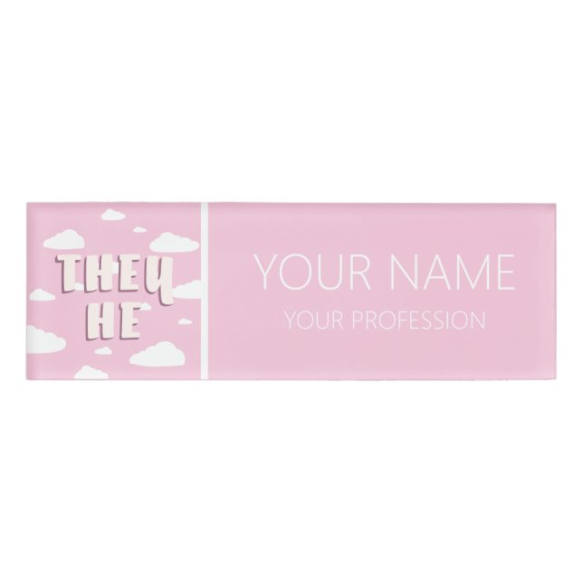 Pink Clouds They He Pronouns Name Tag (Front)