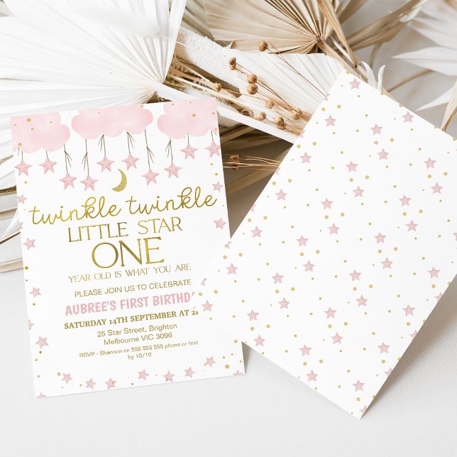 Pink Clouds Twinkle Twinkle Star 1st Birthday  Invitation (Sweet pink clouds and stars twinkle twinkle little star girl's 1st birthday invitation.)