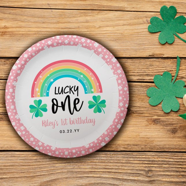 Pink Clover & Rainbow Lucky One First Birthday Paper Plate (Creator Uploaded)