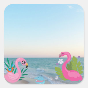 Pink Coastal Flamingos with Tropical Shore Square Sticker