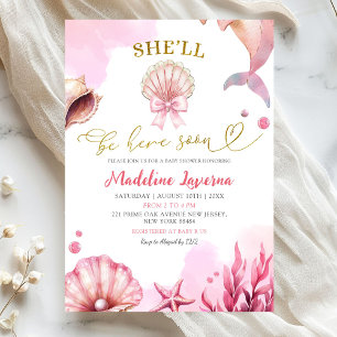Pink Coastal She'll Be Here Soon Baby Shower Invitation