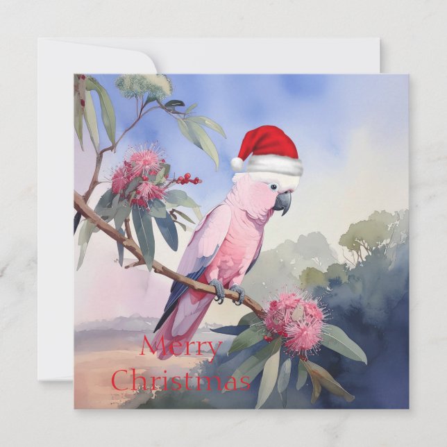 Pink Cockatoo Gala Santa Hat Merry Christmas Holiday Card (Front)