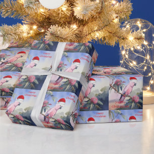 Pink Cockatoo Gala Santa Hat Merry Christmas Wrapping Paper