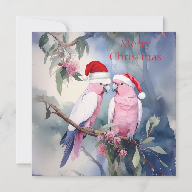 Pink Cockatoos Santa Hat Merry Christmas Holiday Card (Front)