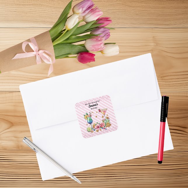 Pink Cocktail Candy Glitter Birthday Square Sticker (Creator Uploaded)