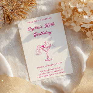 Pink Cocktail Party 30th Birthday   Retro Martini  Invitation