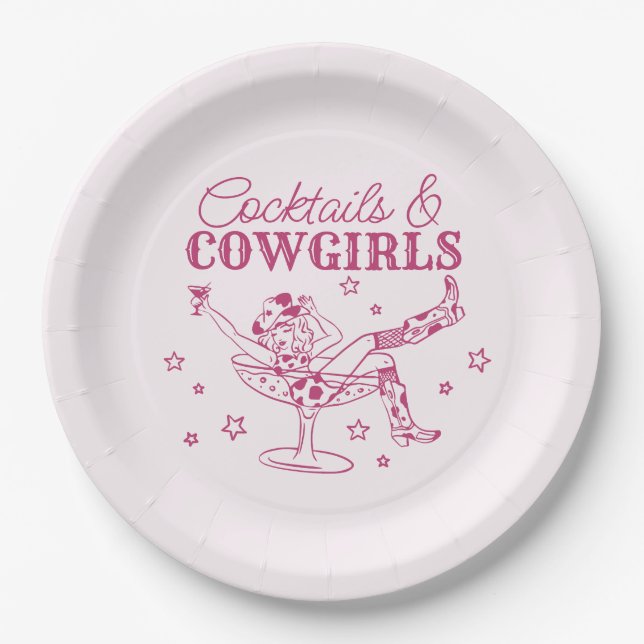 Pink Cocktails and Cowgirls Birthday Bachelorette Paper Plate (Front)