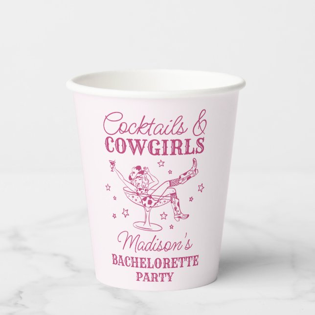 Pink Cocktails and Cowgirls Rodeo Bachelorette Paper Cups (Front)