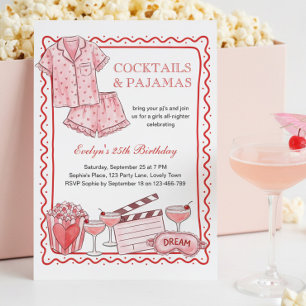Pink Cocktails and Pyjamas Girls Night Birthday Invitation