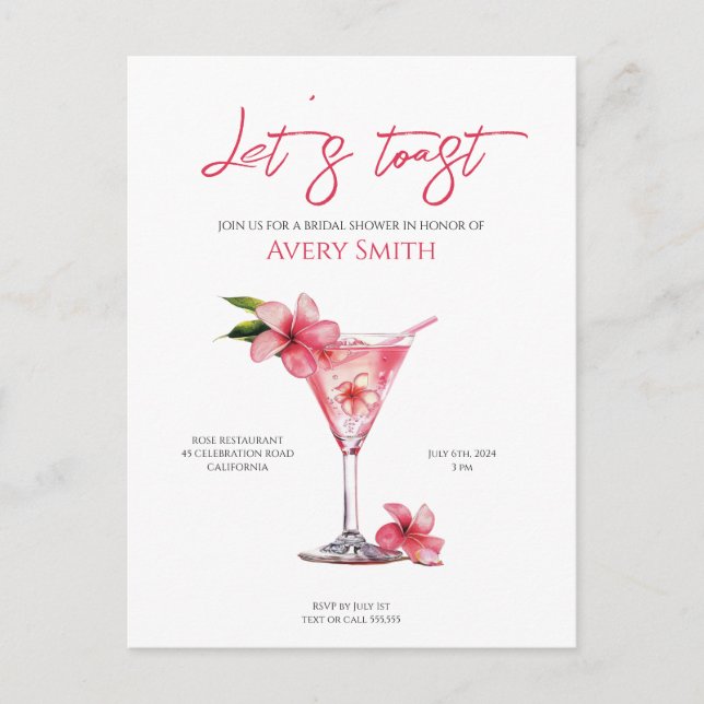 Pink Cocktails Flowers Bridal Shower Invitation Postcard (Front)