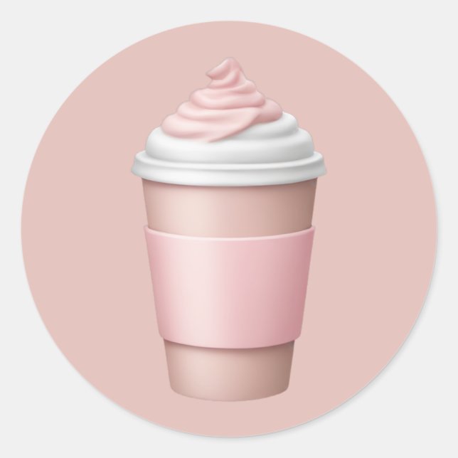 Pink Coffee Cup with Whipped Cream Emoji  Classic Round Sticker (Front)