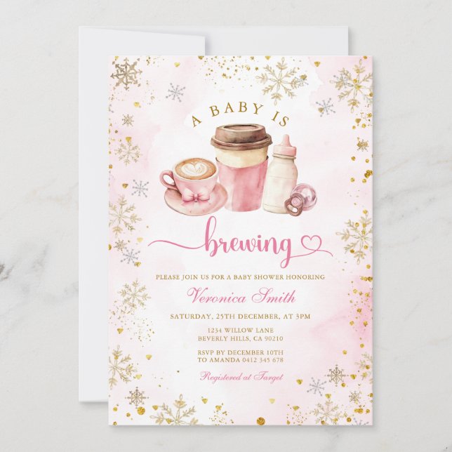 Pink Coffee Winter Snowflakes Latte Baby Shower Invitation (Front)
