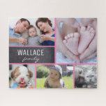 Pink Collage photos with family name 5 pictures Jigsaw Puzzle<br><div class="desc">Customise this puzzle with their family photos as a fun gift. Change all the photos and family name. Pink lines.

*Please don't hesitate to contact me if you need any assistance with my design at info@lddesignloft.com</div>