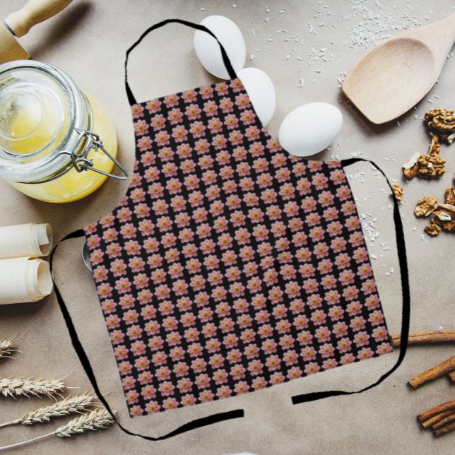 Pink Collarette Dahlia Floral Pattern on Black Apron (In Situ Kitchen)