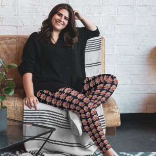 Pink Collarette Dahlia Floral Pattern on Black Leggings