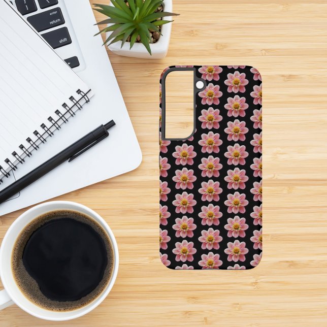 Pink Collarette Dahlia Floral Pattern on Black Samsung Galaxy S22 Case (In Situ)
