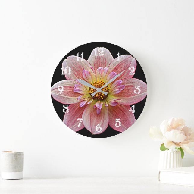 Pink Collarette Dahlia on Black Floral Large Clock (Home)