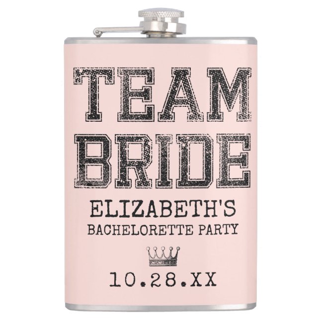 Pink Collegiate Team Bride Bachelorette Party Hip Flask (Front)