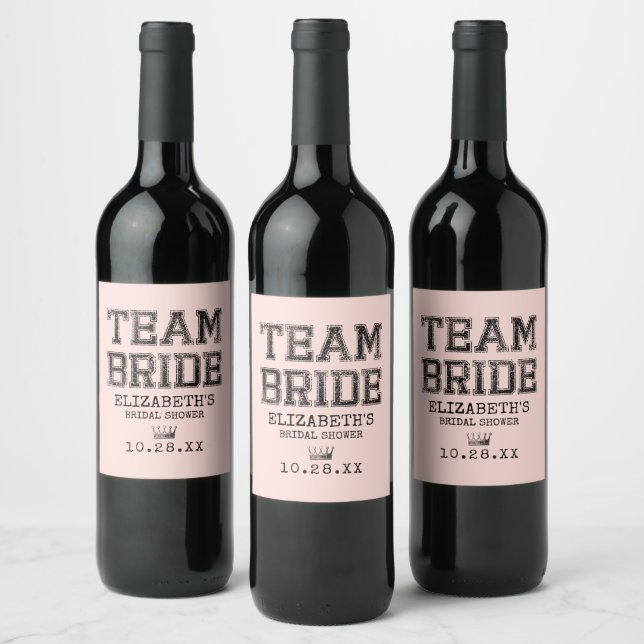 Pink Collegiate Team Bride Bridal Shower Wine Label (Bottles)