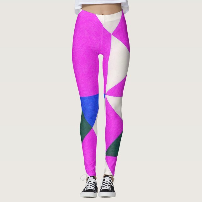 Pink Colour Block Abstract Art Leggings (Front)