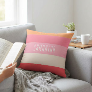 Pink Colour Block Monogram Striped Cushion