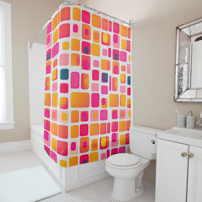 Pink Colour Blocks Geometric Pattern Retro Shower Curtain (In Situ)