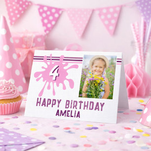 Pink Colour Splash 3 Photo Birthday Card for Girls