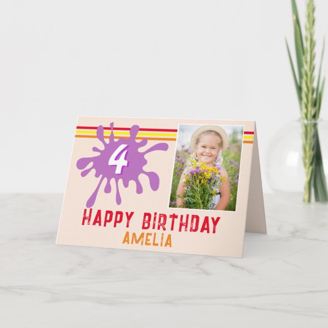 Pink Colour Splash 3 Photo Birthday Card for Girls (Front)