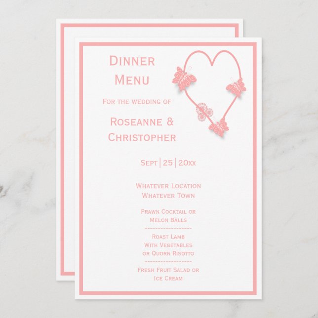 Pink Coloured Butterflies Heart Design Wedding Menu (Front/Back)