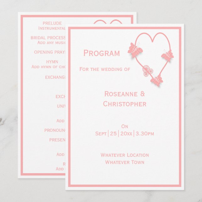 Pink Coloured Butterflies Heart Design Wedding Program (Front/Back)