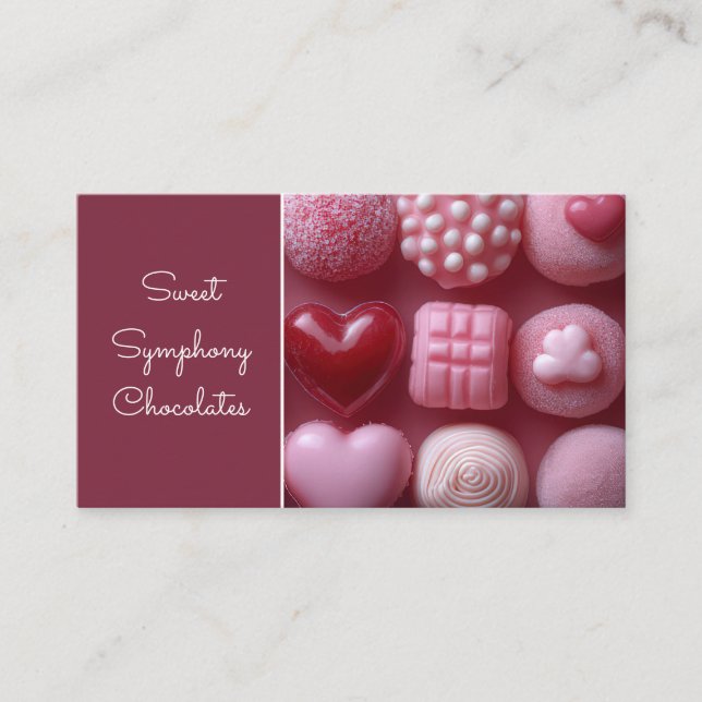 Pink coloured heart shaped chocolates business card (Front)