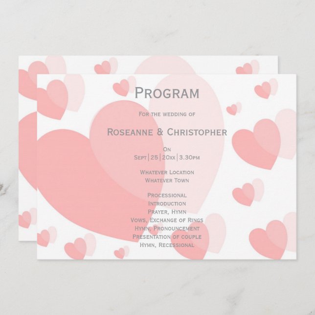 Pink Coloured Hearts Design Wedding Program (Front/Back)