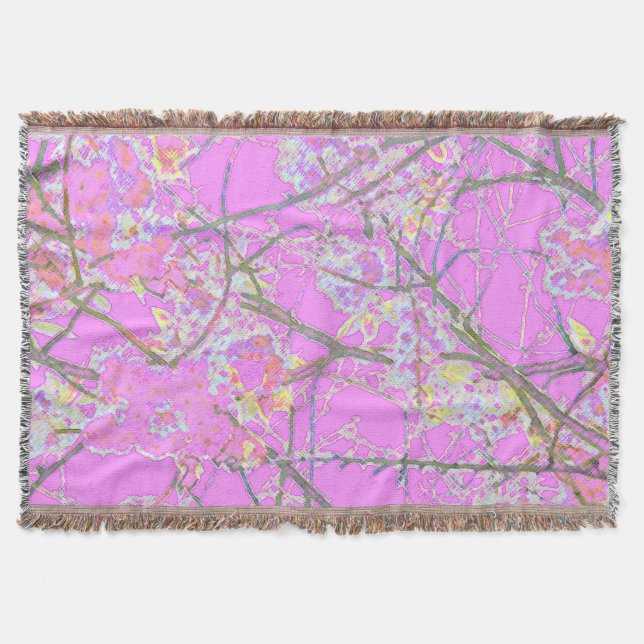 Pink colourful abstract blossom floral design throw blanket (Front)