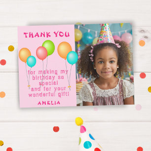 Pink Colourful Balloons Girl Birthday Photo Thank You Card