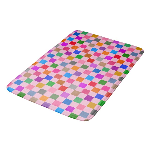 Pink Colourful Chequered Pattern  Bath Mat (Angled)