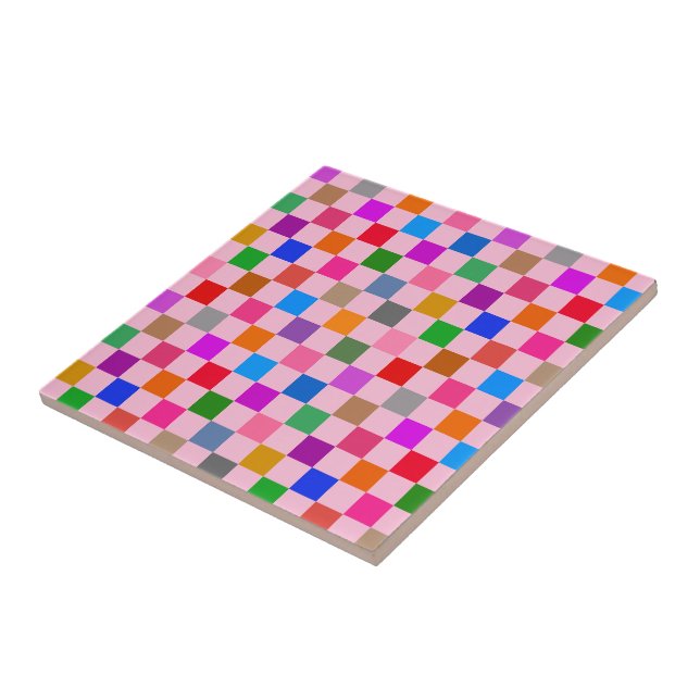Pink Colourful Chequered Pattern  Ceramic Tile (Side)