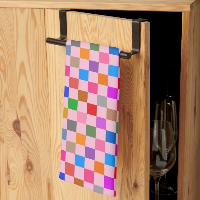 Pink Colourful Chequered Pattern  Tea Towel (Thirds Fold)