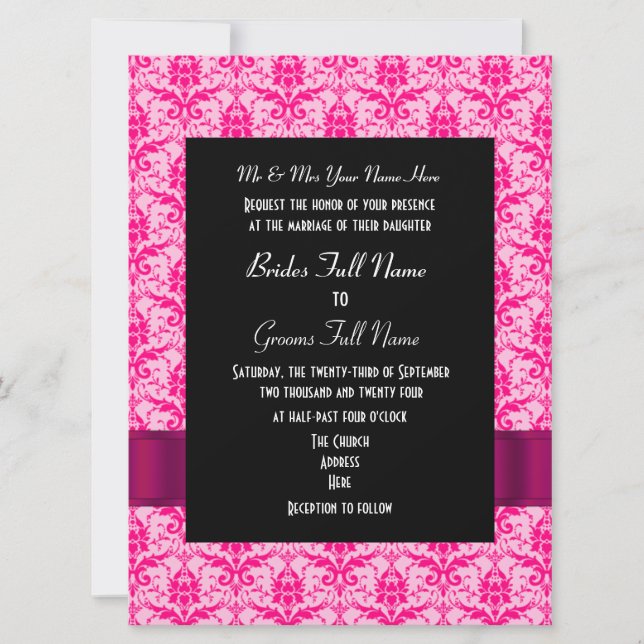 Pink colourful damask formal wedding invitation (Front)